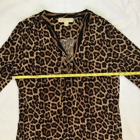 MICHAEL KORS WOMEN LEOPARD/ TIGER SHEATH LONG-SLEEVE DRESS SIZE L GOLD CHAIN - Picture 6 of 8